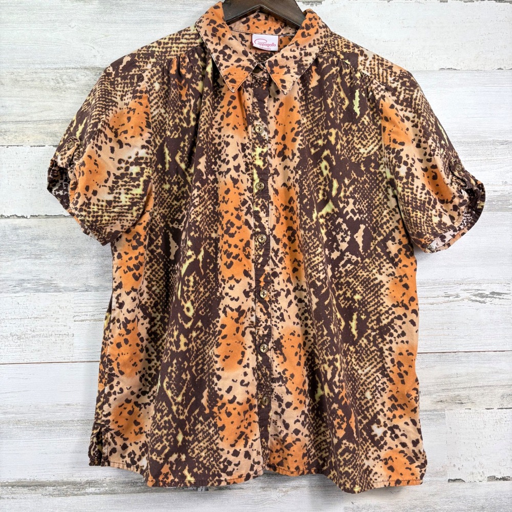 Pappagallo‎ Button Down Shirt Womens Large Orange Snakeskin Animal Print Tatiana